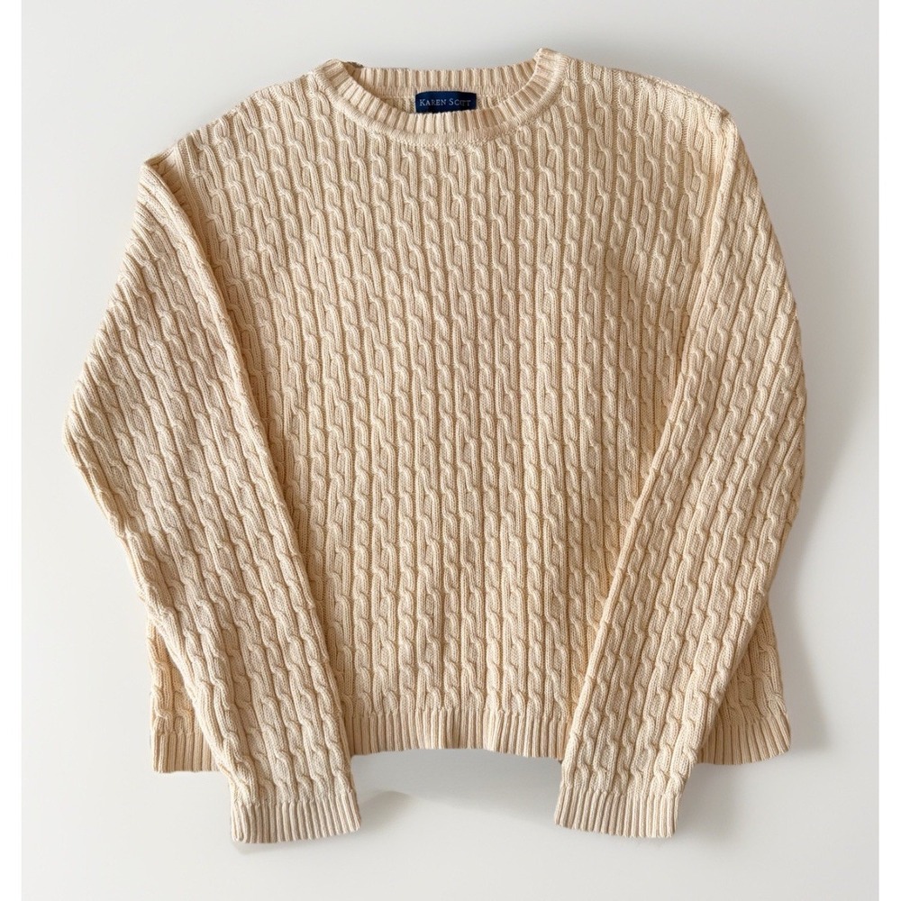 Karen Scott Women's VTG Cable Knit‎ Sweater Butter Yellow XL 100% Cotton Coastal